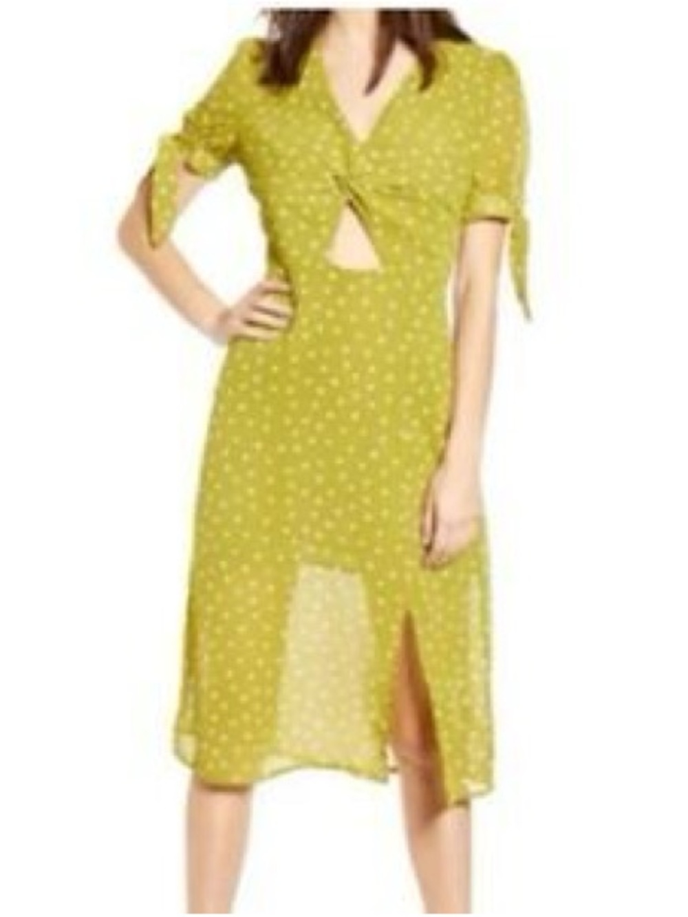 J.O.A. Olive Green Polka Dot Tie-Sleeve Midi Dress WORN ONCE
